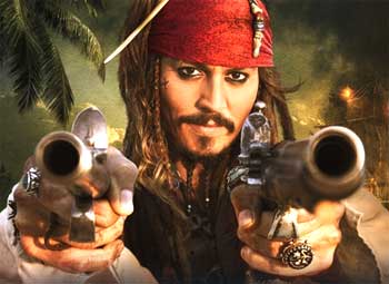 a pirate crew member wielding two flintlock pistols