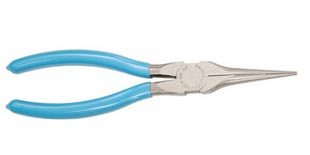 a pair of snipe-nosed pliers with blue handles